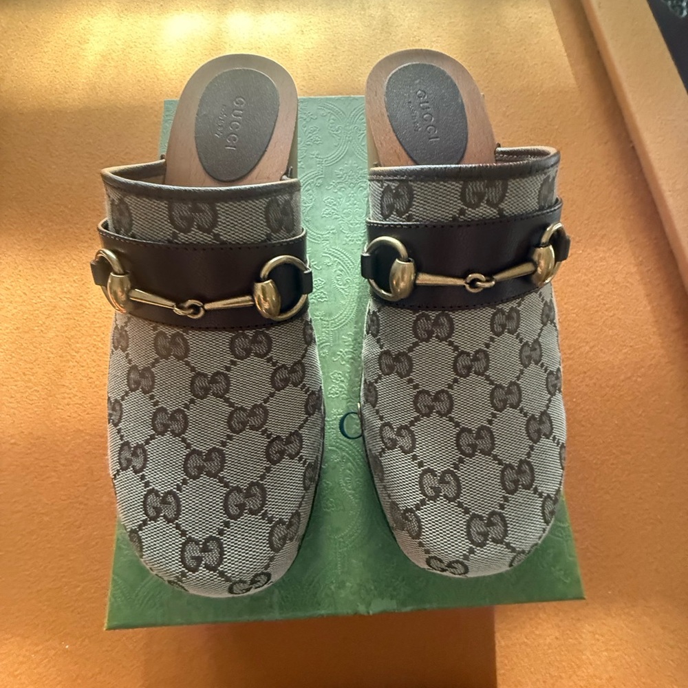 Gucci Brown Monogram Horsebit Mules